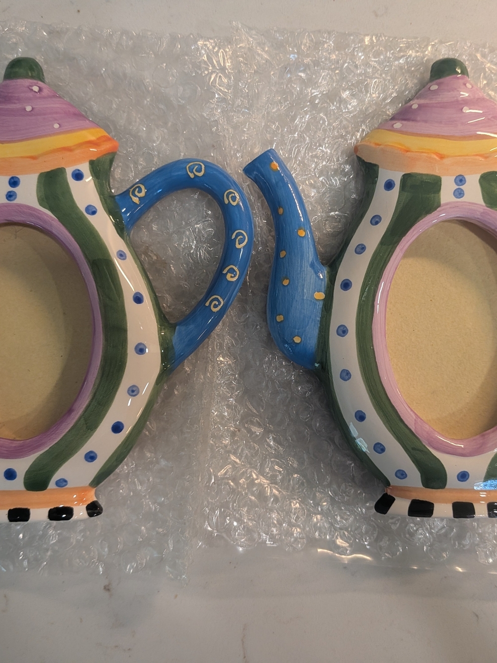 2 Teapot Picture Frames Fun Painted With Oval Picture Spaces No Clear Glass
